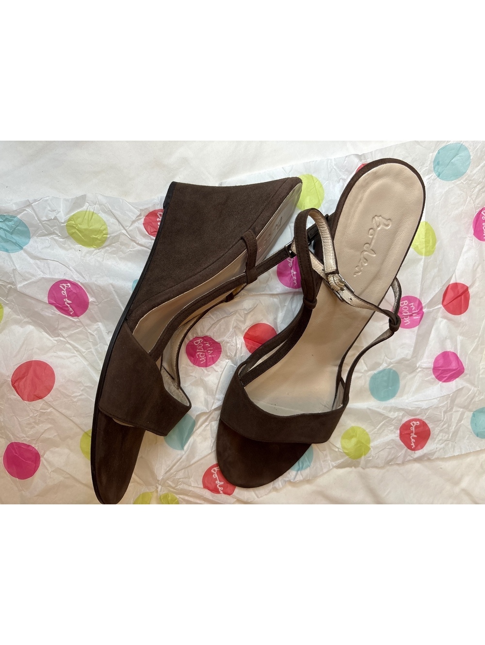 Boden Chocolate Brown Suede Wedge Strappy Heels 42/10